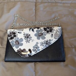 Black And White Floral Accent Clutch With Silver Chain Strap